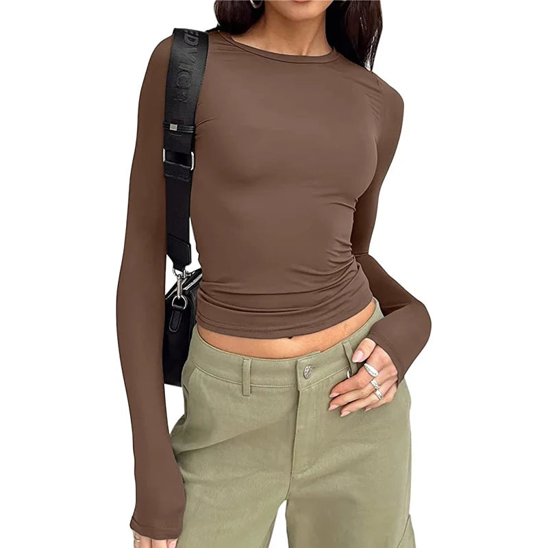 Women Long Sleeve T Shirt Spring Autumn Solid Slim Fit