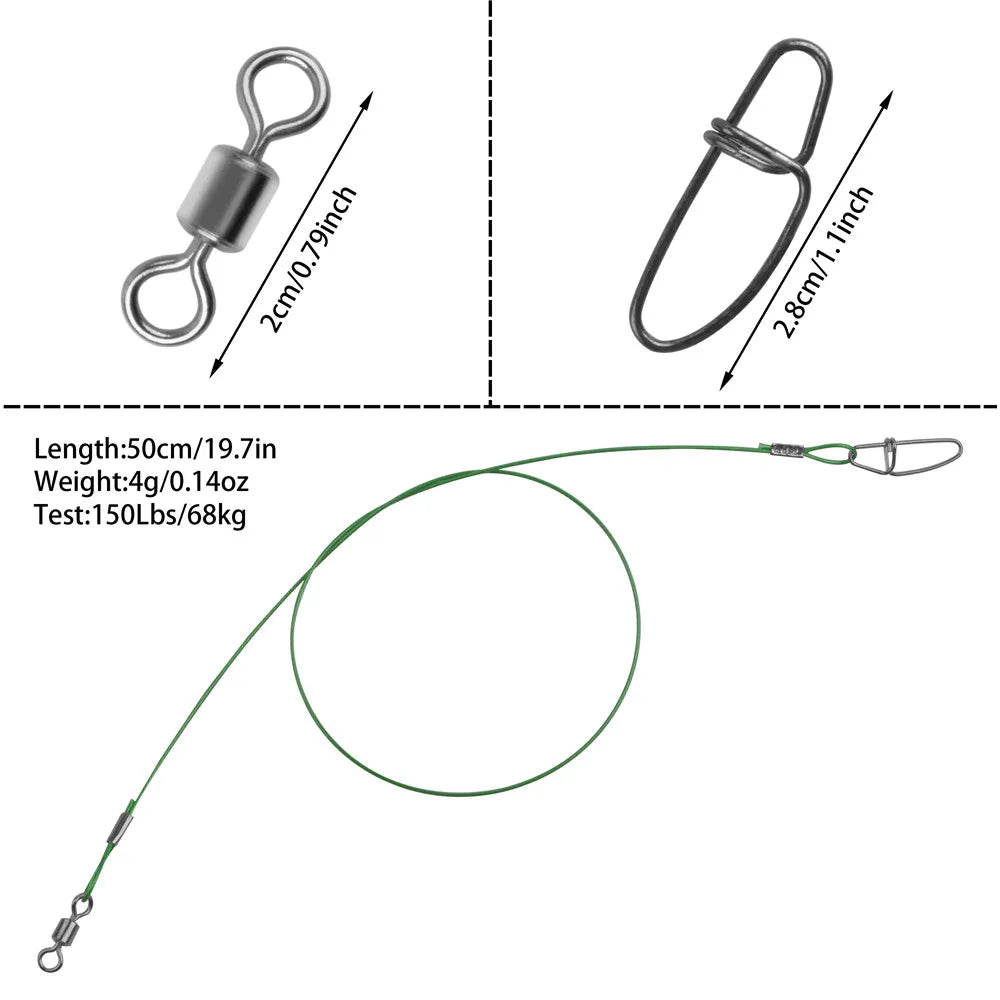 10Pcs 50cm Steel Wire Leader Fishing Line Leash 150Lbs/68kg