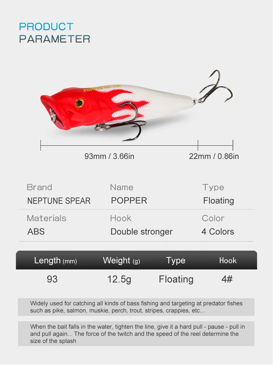 Fishing Lure 12.5g 93mm Floating Popper Artificial Wobbler Hard Bait with Hook for Pike Perch Winter Swimbait Trolling Crankbait