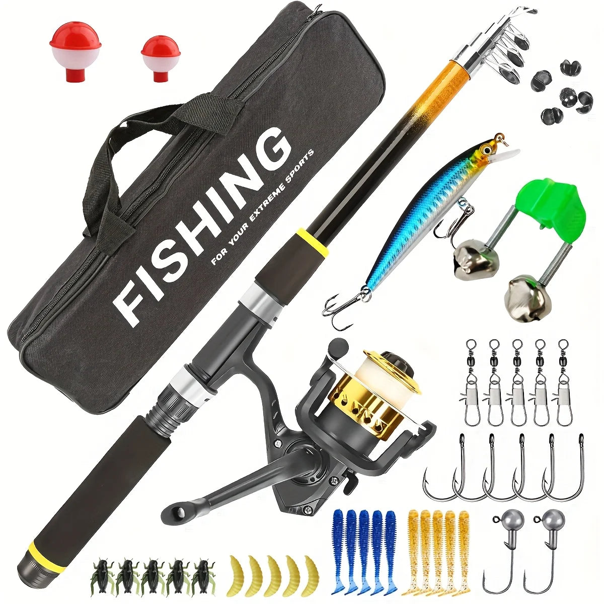 Fishing Rod Combo Kit - Spinning Reel, Hard & Soft Lures,
