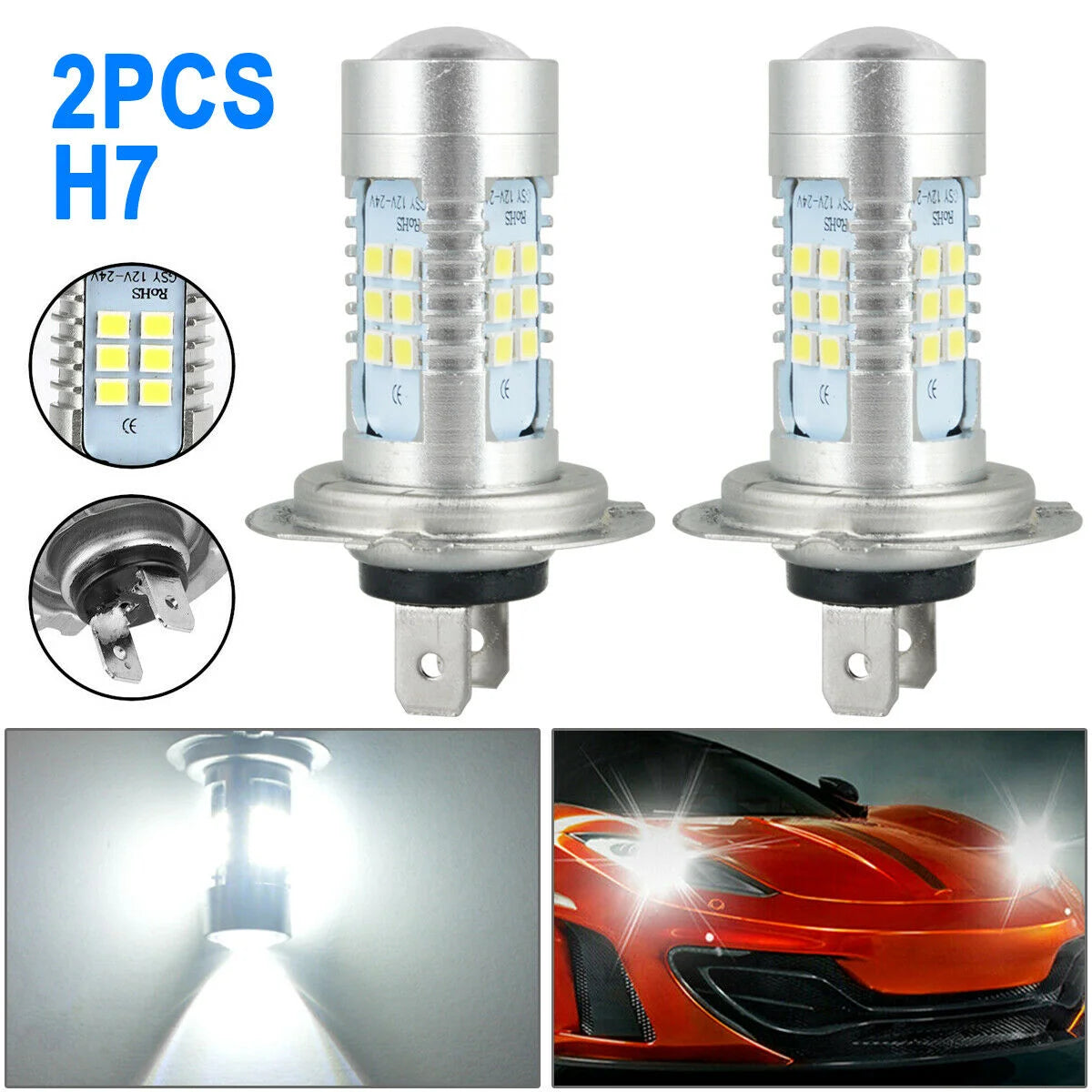 2x H7 LED Headlight Bulb Kit High/Low Beam