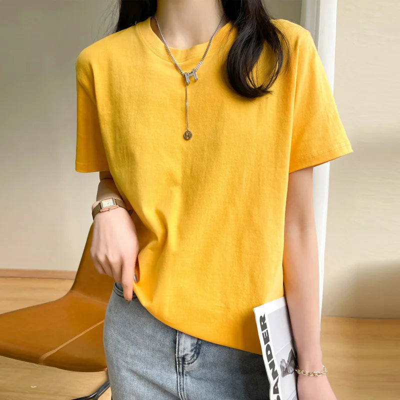 Women T-shirts 2025 Tops Solid Short Sleeve Loose O-neck