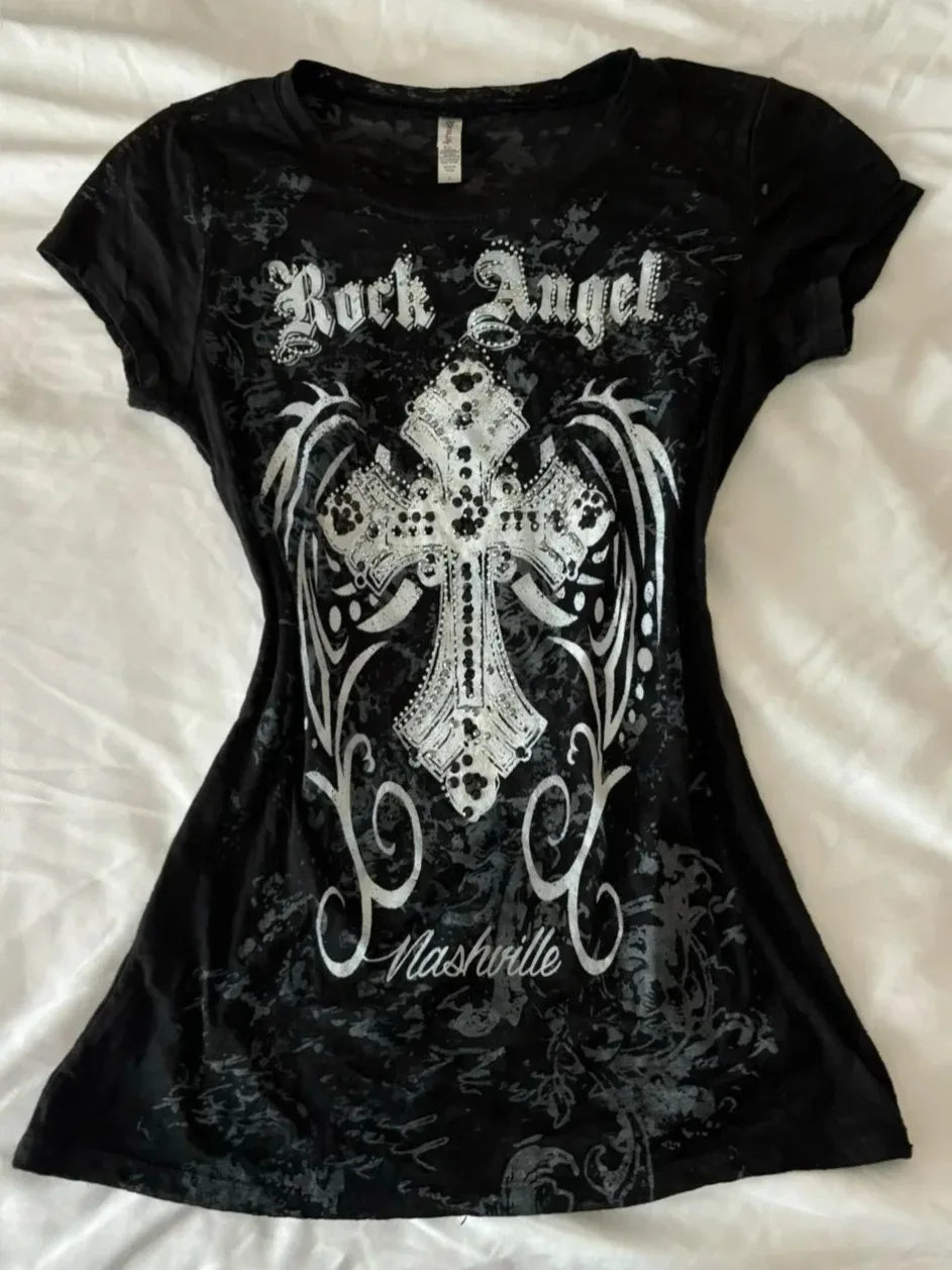 Women T-shirts y2k Clothes Slim Goth Print Streetwear Punk