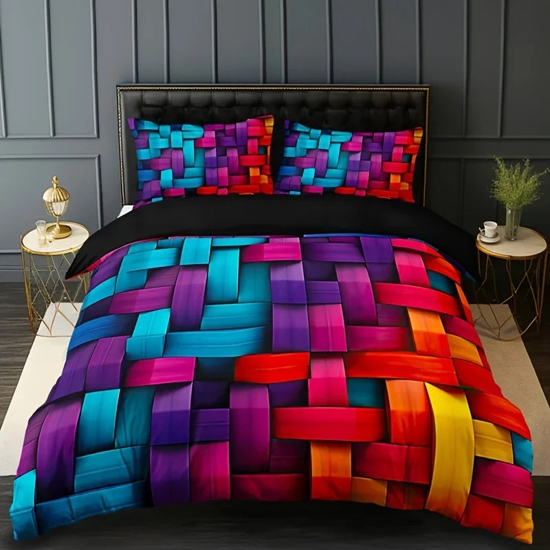 Geometric Colorful Plaid Duvet Cover Set Breathable Woven Polyester