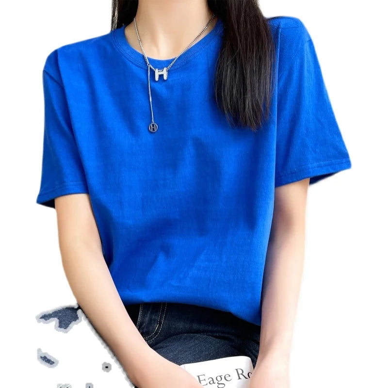 Women T-shirts 2025 Tops Solid Short Sleeve Loose O-neck
