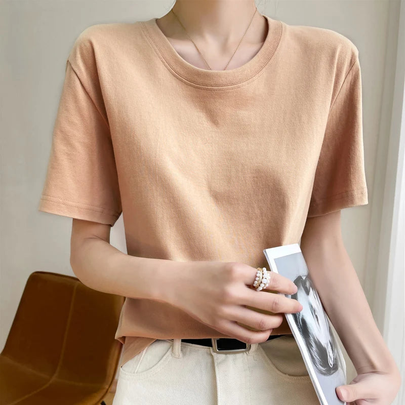Women T-shirts 2025 Tops Solid Short Sleeve Loose O-neck