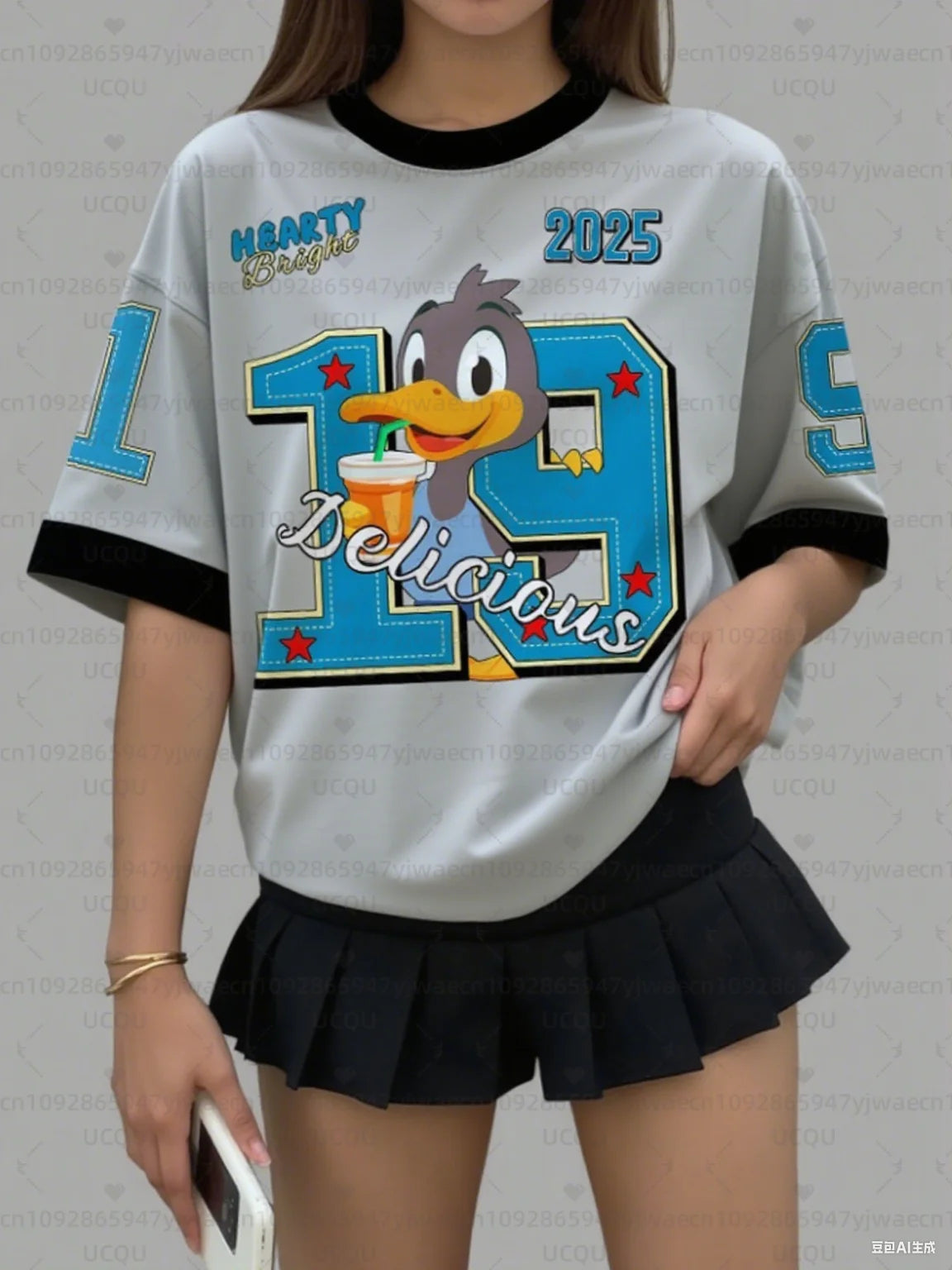 Women's Sports Jersey Cartoon Duck Print Short Sleeve T-Shirt