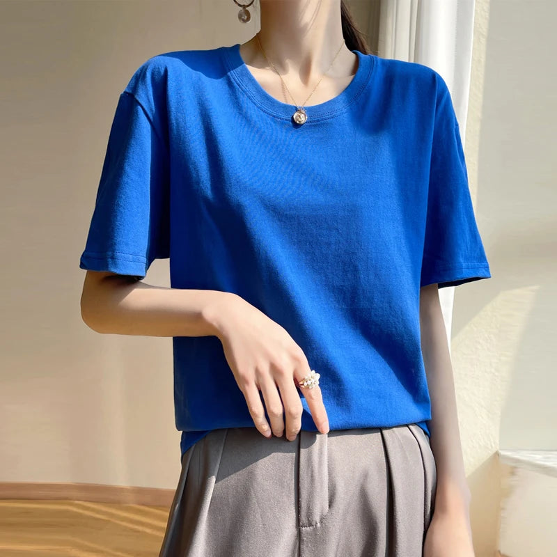 Women T-shirts 2025 Tops Solid Short Sleeve Loose O-neck