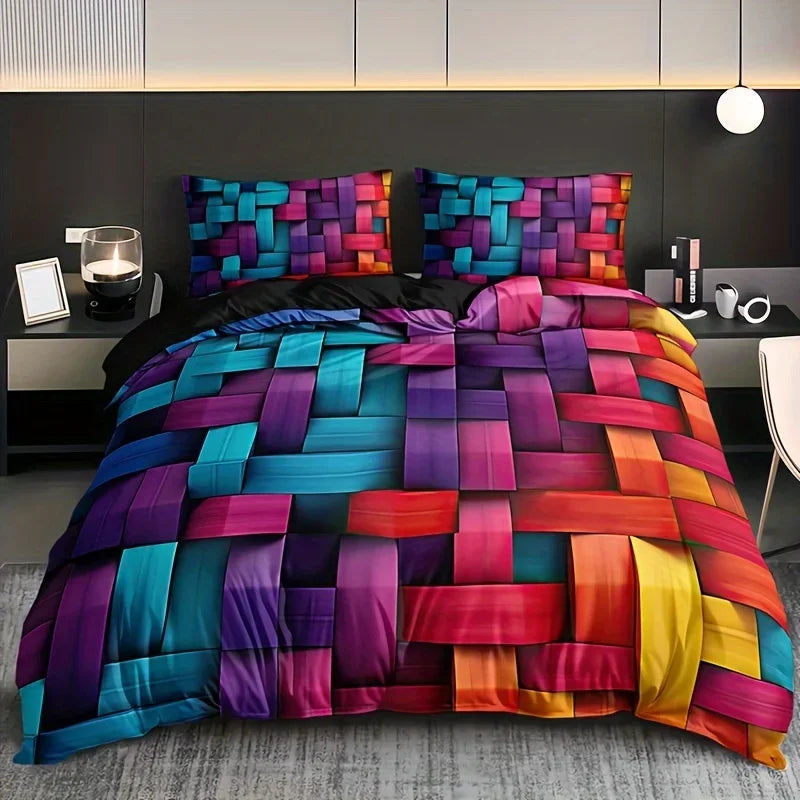 Geometric Colorful Plaid Duvet Cover Set Breathable Woven Polyester