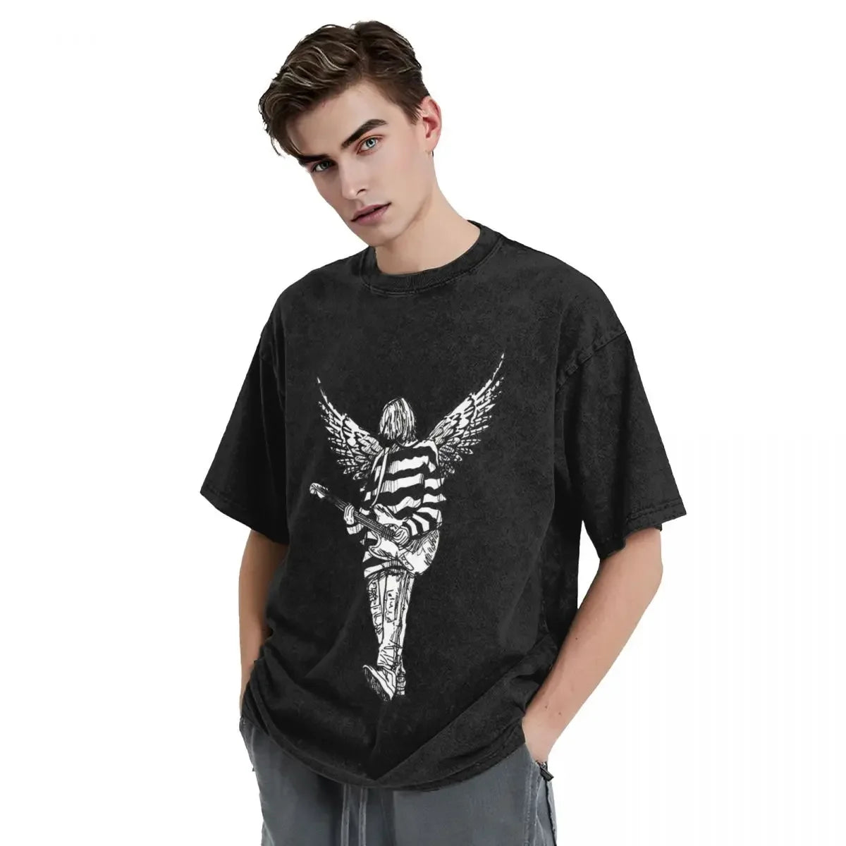 Kurt Cobain Guitar Angel Washed T Shirts Streetwear