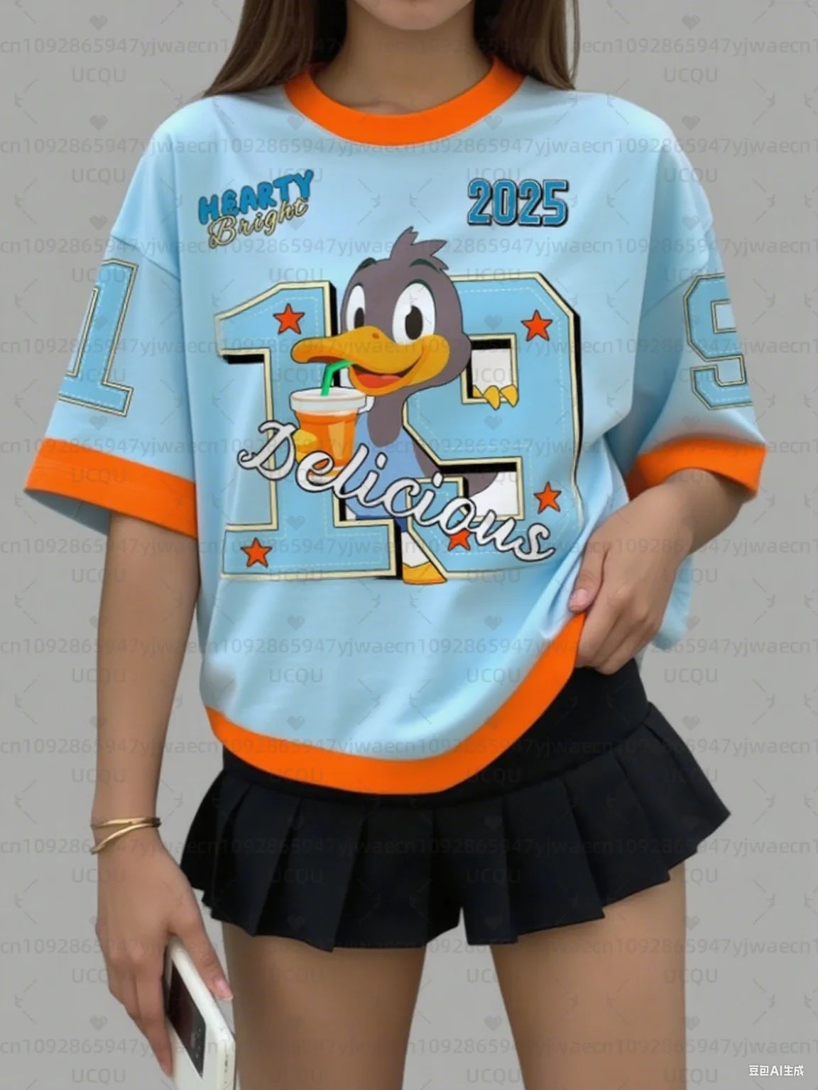 Women's Sports Jersey Cartoon Duck Print Short Sleeve T-Shirt