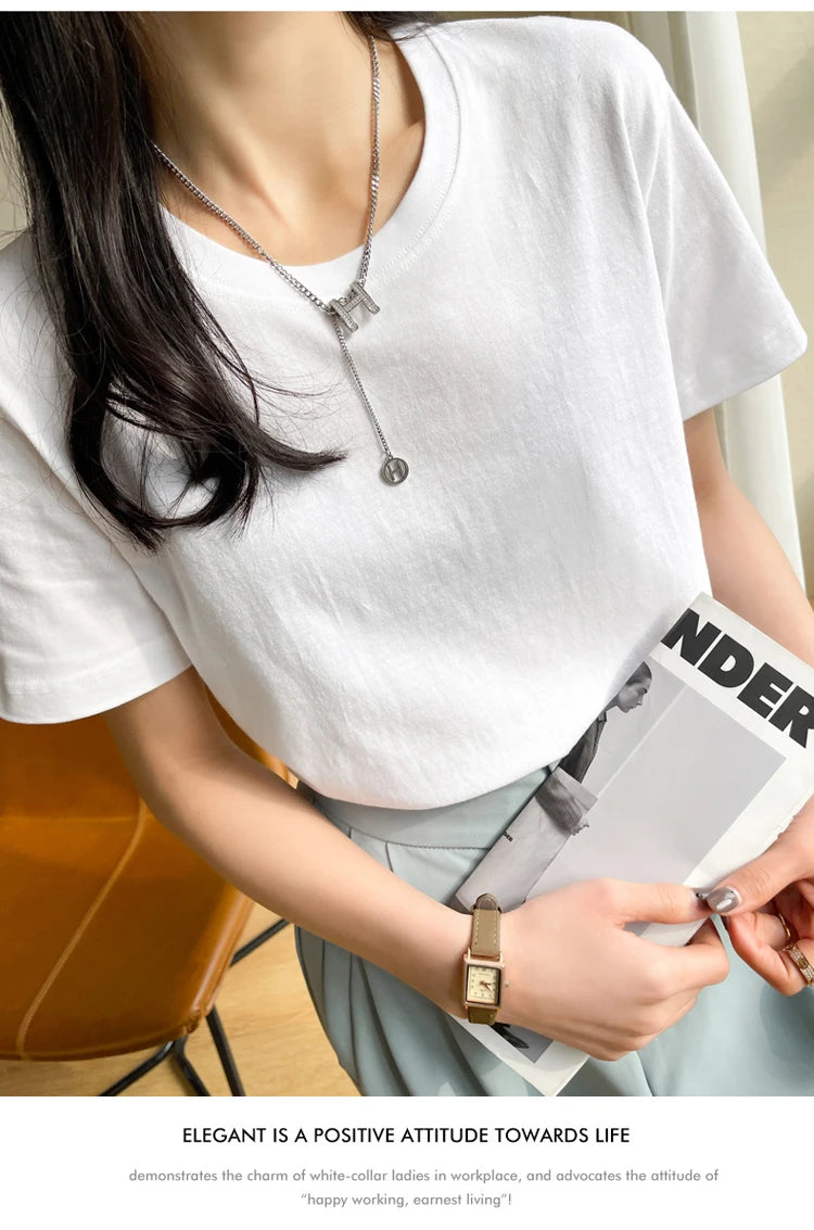 Women T-shirts 2025 Tops Solid Short Sleeve Loose O-neck