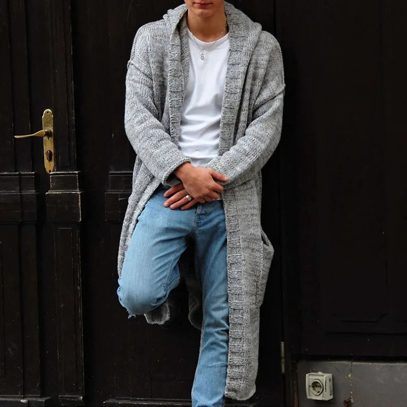 Sweater Men's Trench Coats Knitted Long Sleeve Button Knit Hooded