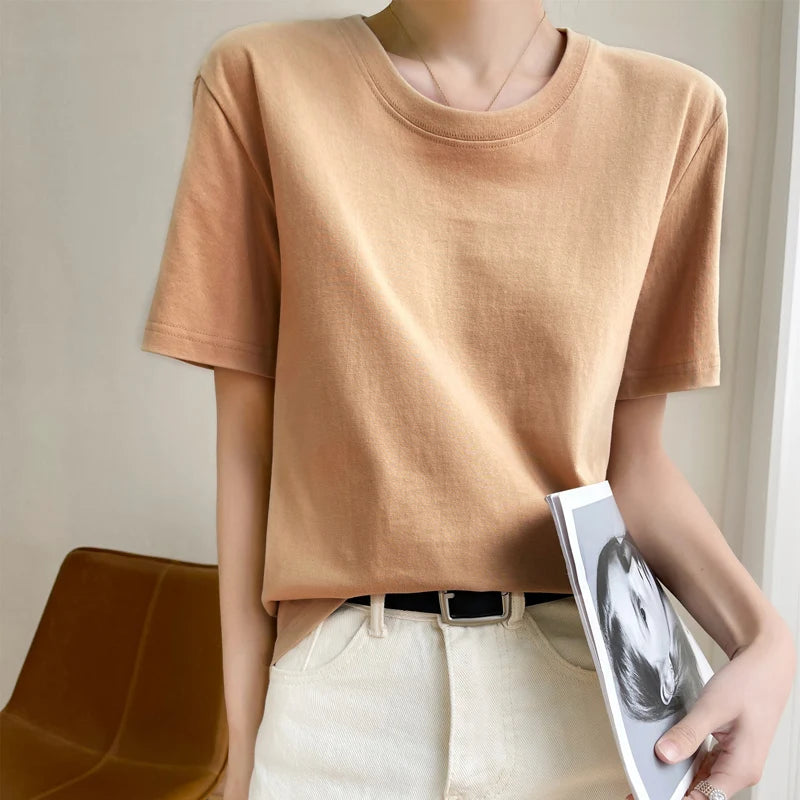 Women T-shirts 2025 Tops Solid Short Sleeve Loose O-neck