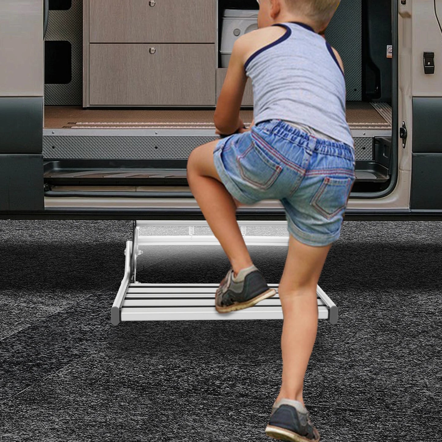 Foldable RV Step Non-slip Manual RV Step with LED Light RV Camper Step Aluminum Alloy Single-Tier Folding Rv Step