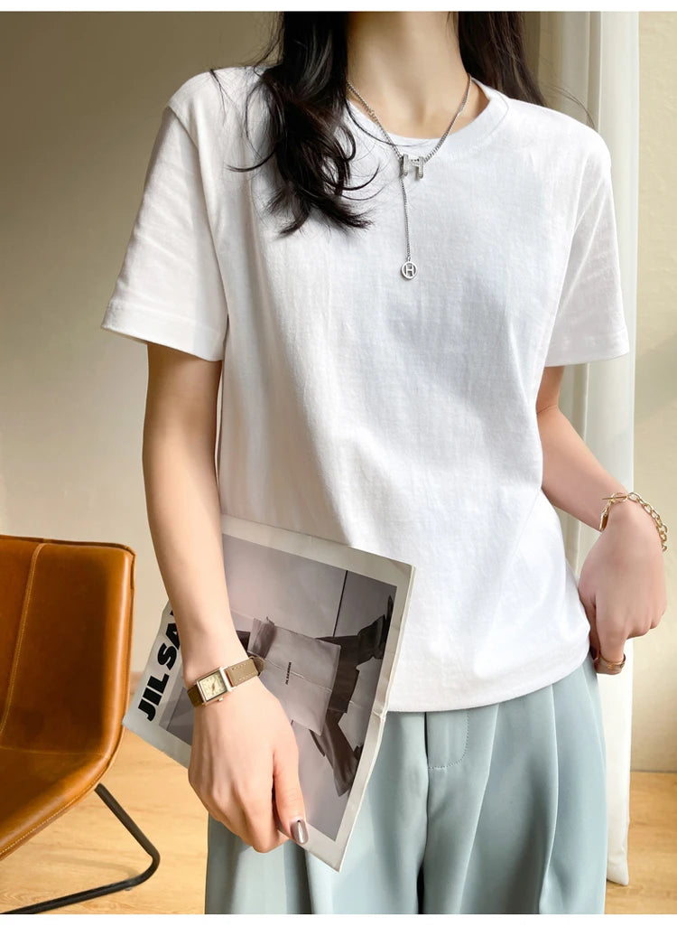 Women T-shirts 2025 Tops Solid Short Sleeve Loose O-neck