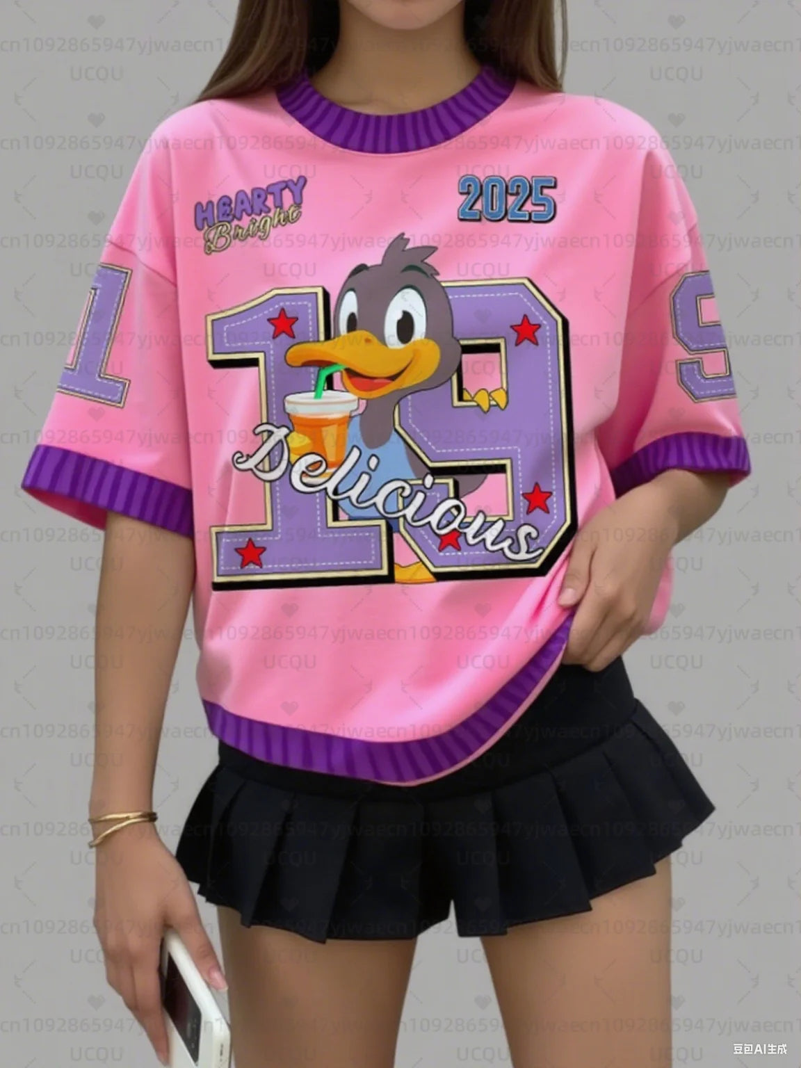 Women's Sports Jersey Cartoon Duck Print Short Sleeve T-Shirt