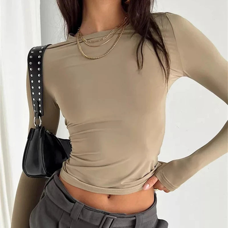 Women Long Sleeve T Shirt Spring Autumn Solid Slim Fit