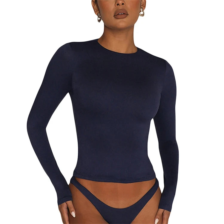 Women Long Sleeve T Shirt Spring Autumn Solid Slim Fit