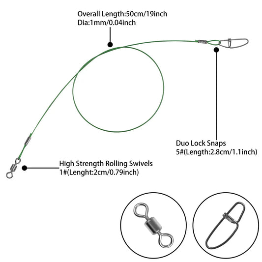 10Pcs 50cm Steel Wire Leader Fishing Line Leash 150Lbs/68kg