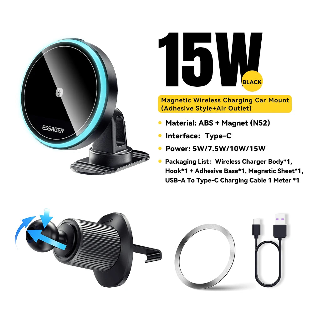 Essager Magnetic Car Phone Holder 15W Wireless Charger