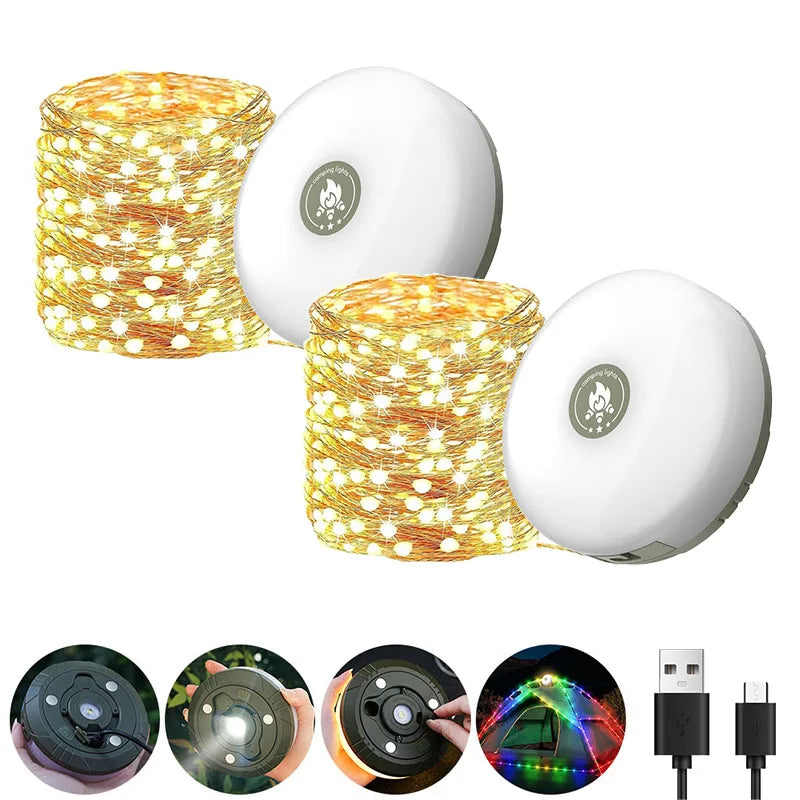 USB Rechargeable Camping Light 10meter Light String Outdoor Tent Light RGB Atmosphere Light XTE LED Flashlight with Magnet Hook
