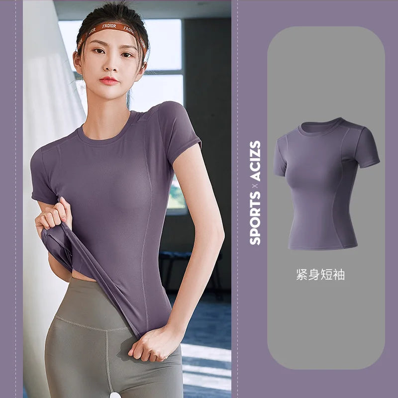 Fitness Sports T-shirt Women Solid Color V