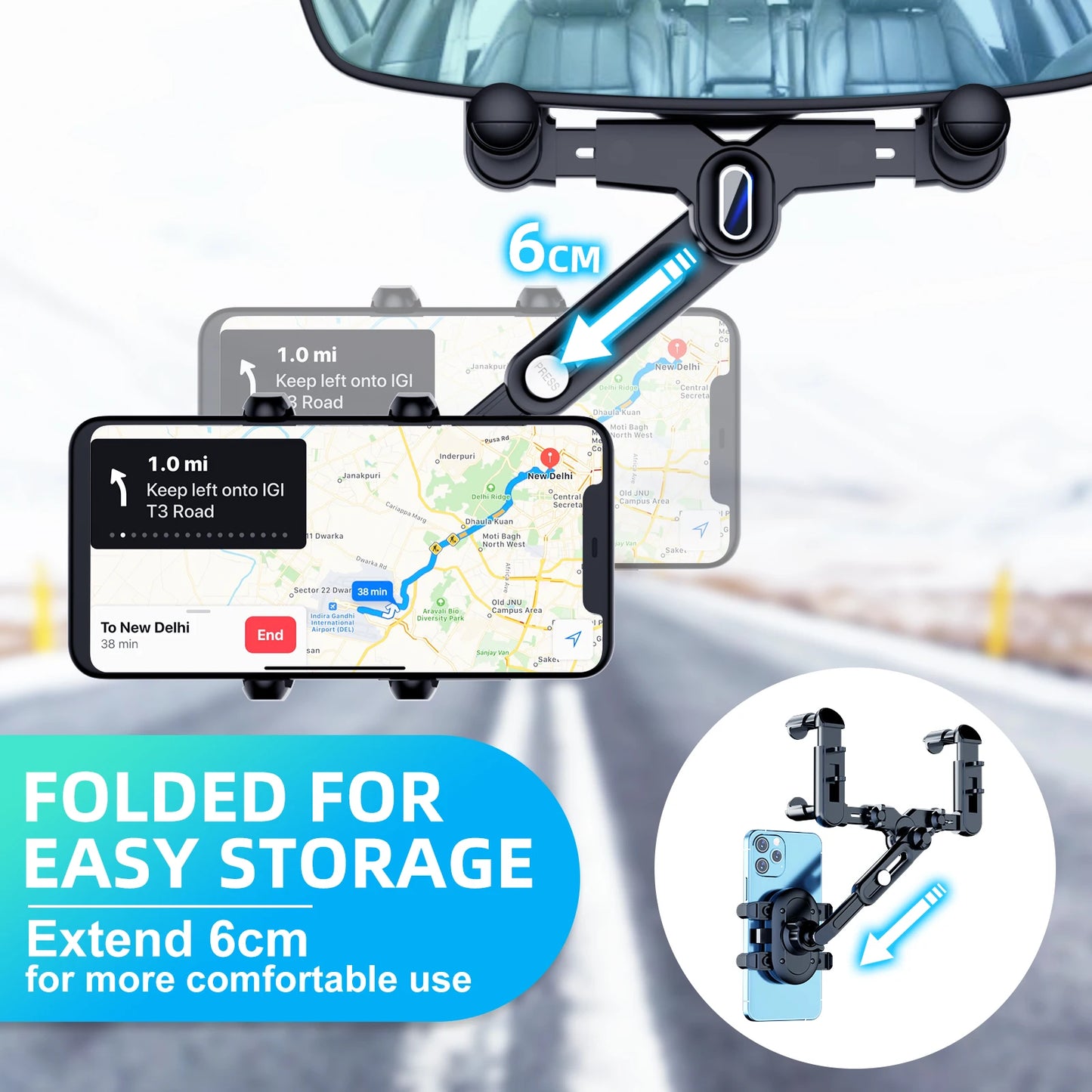 Rearview Mirror Phone Holder For Car  Retractable Multifunctional