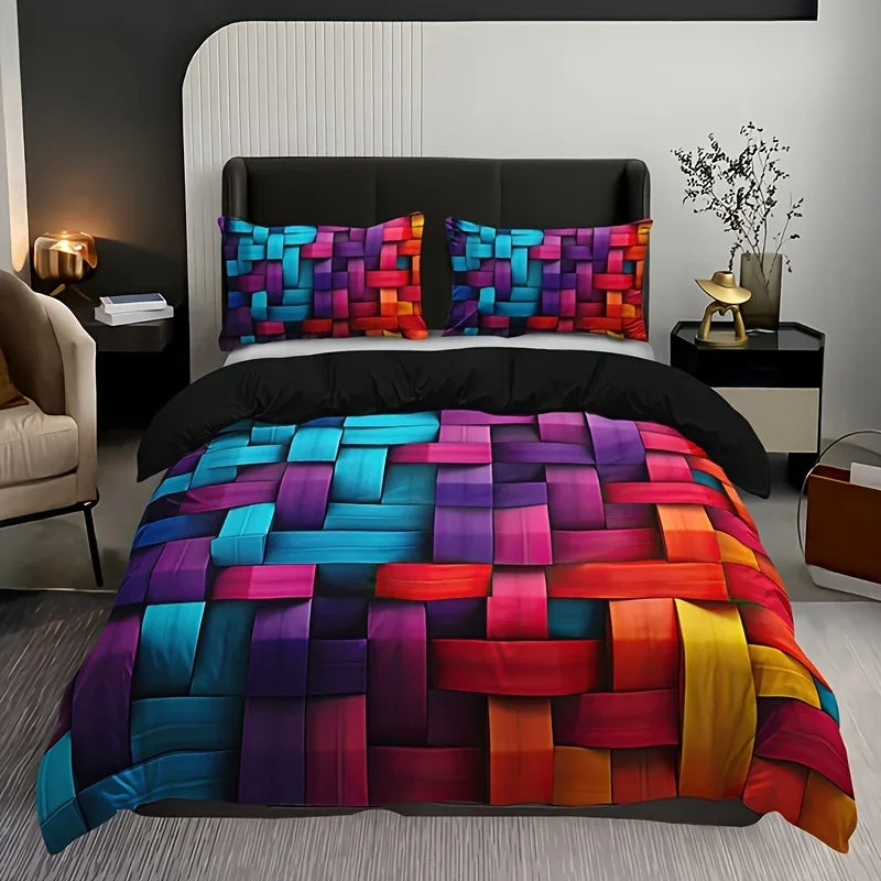 Geometric Colorful Plaid Duvet Cover Set Breathable Woven Polyester