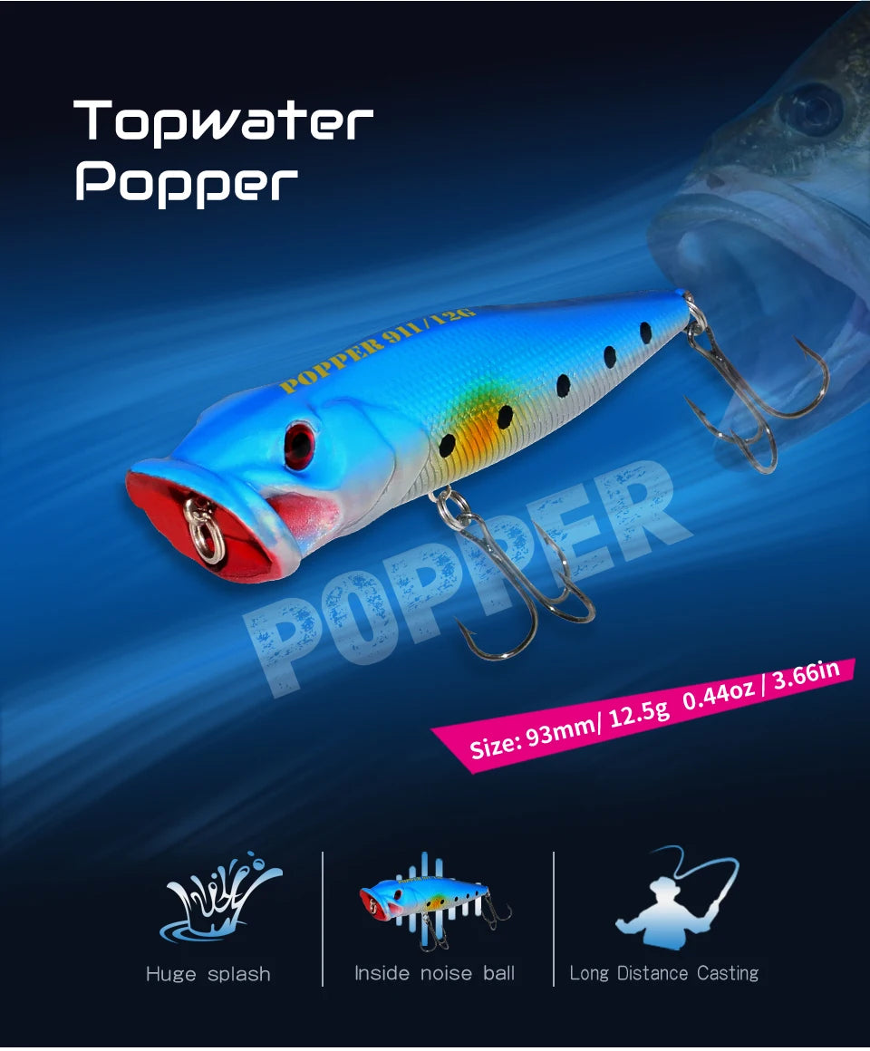 Fishing Lure 12.5g 93mm Floating Popper Artificial Wobbler Hard Bait with Hook for Pike Perch Winter Swimbait Trolling Crankbait