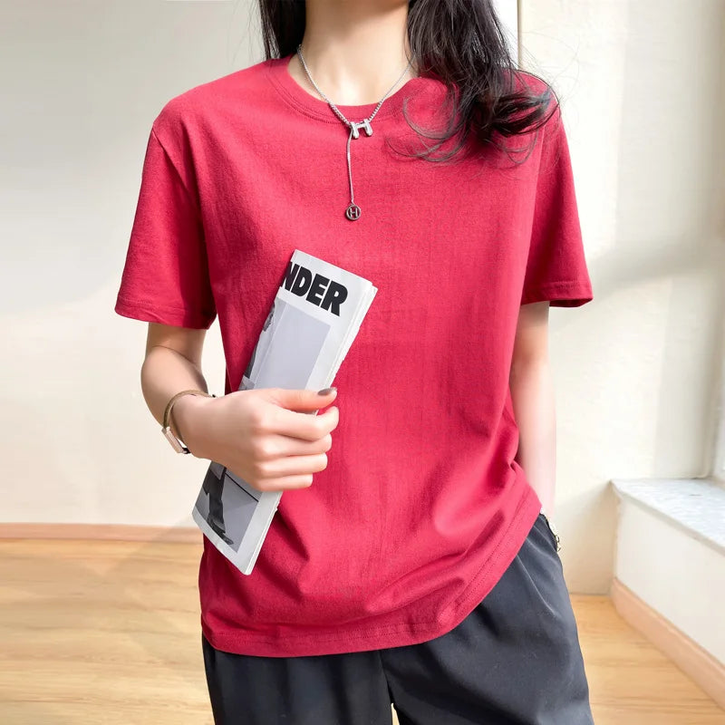 Women T-shirts 2025 Tops Solid Short Sleeve Loose O-neck