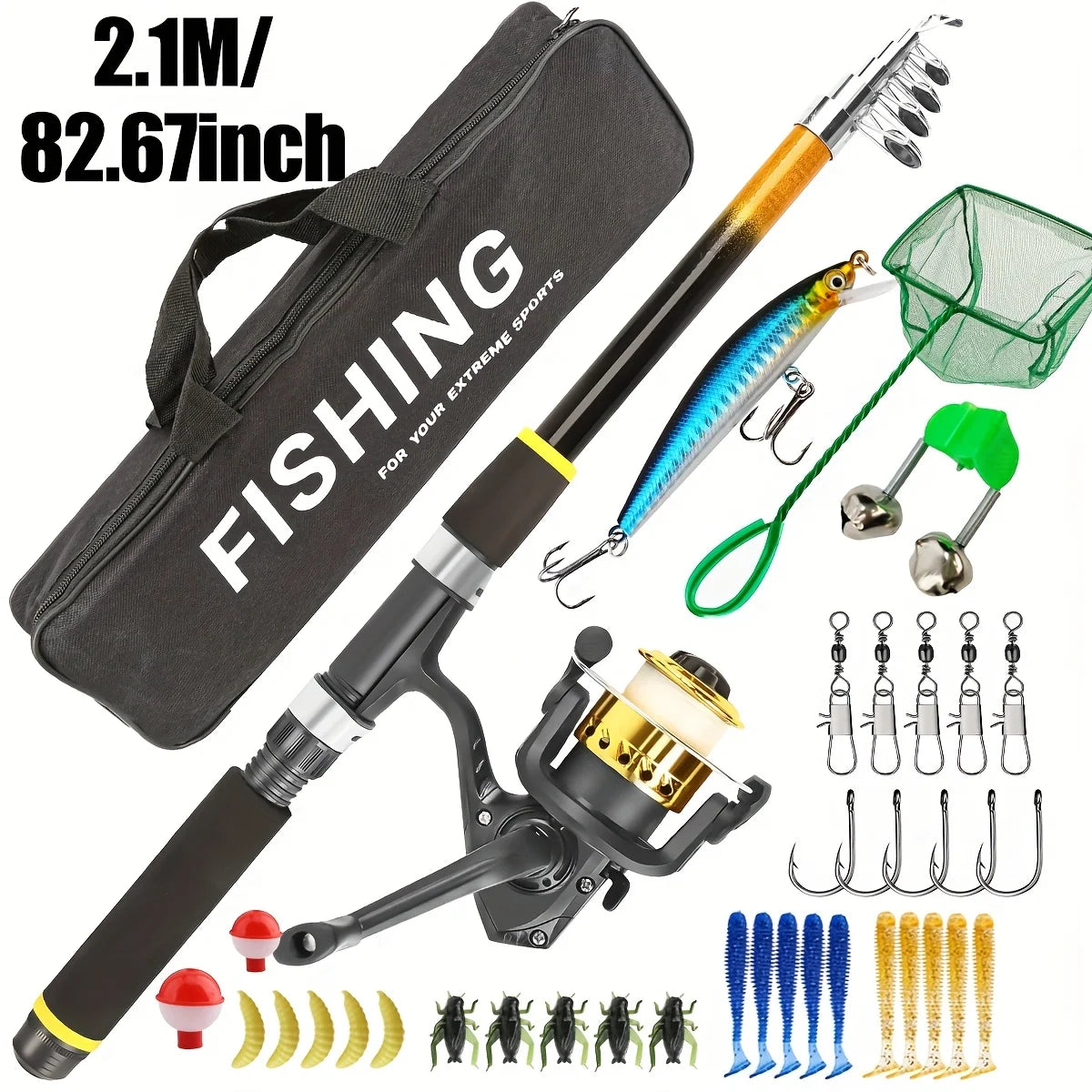 Fishing Rod Combo Kit - Spinning Reel, Hard & Soft Lures,