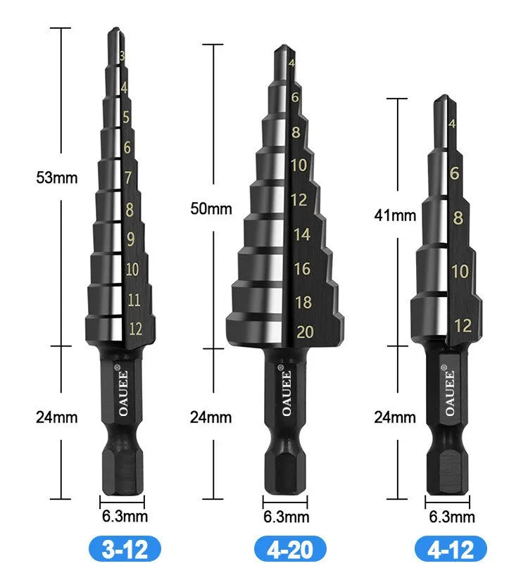3Pcs HSS Straight Groove Step Drill Bit 3-12mm 4-12mm 4-20mm