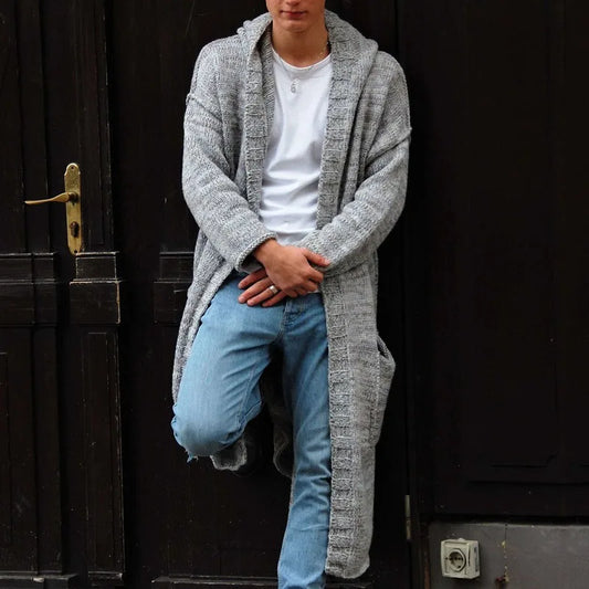 Sweater Men's Trench Coats Knitted Long Sleeve Button Knit Hooded