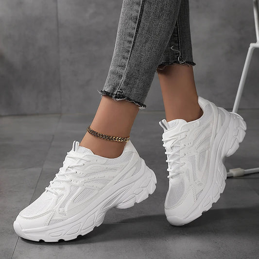 Women's low top sports shoes breathable white lace up walking sports