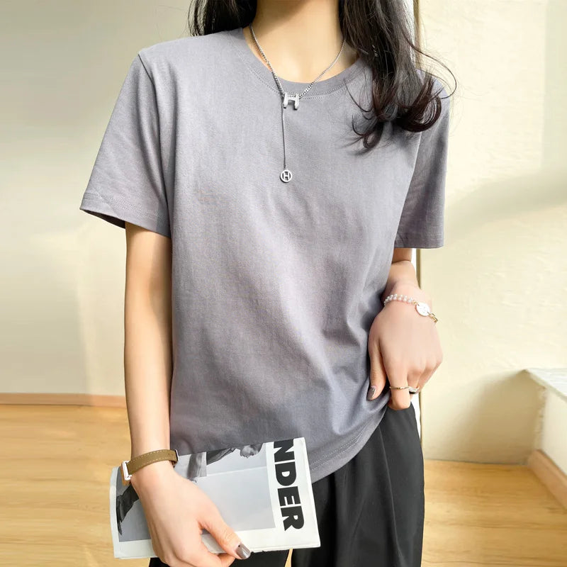 Women T-shirts 2025 Tops Solid Short Sleeve Loose O-neck