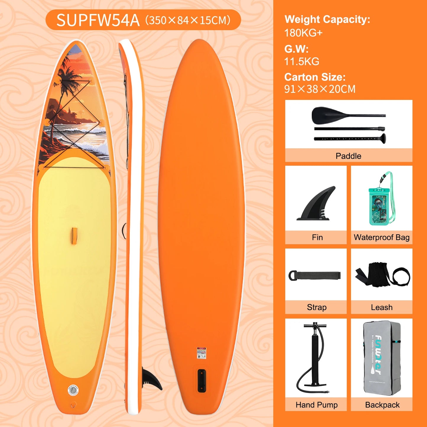 FunWater 11' Sup Board Inflatable Surfboard Stand Up Paddle Board