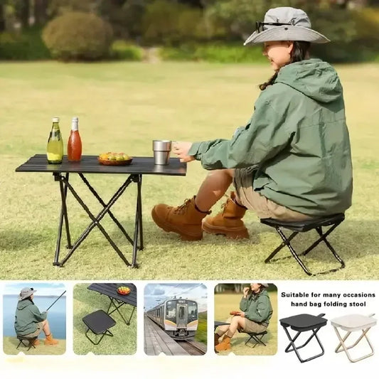 Portable folding stool, foldable hand-held camping stool,