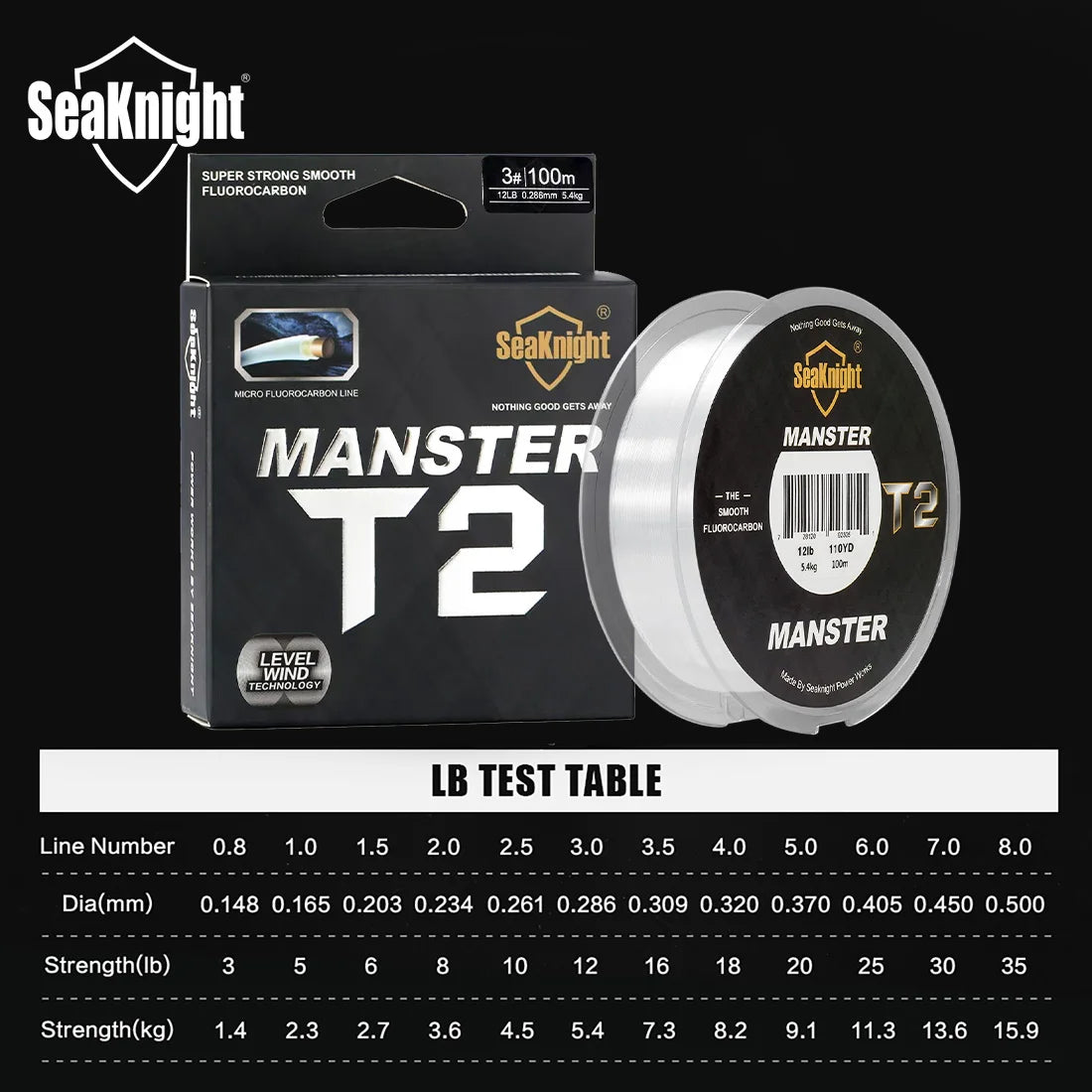 SeaKnight Brand MANSTER T2 Series 100% Fluorocarbon Fishing Line 100M