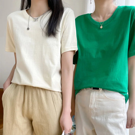 Women T-shirts 2025 Tops Solid Short Sleeve Loose O-neck