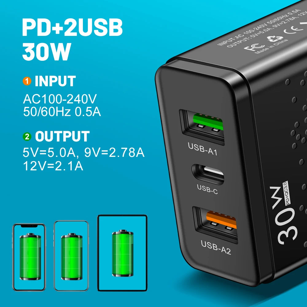 3 Ports 30W USB C Charger PD 30W USB Type C