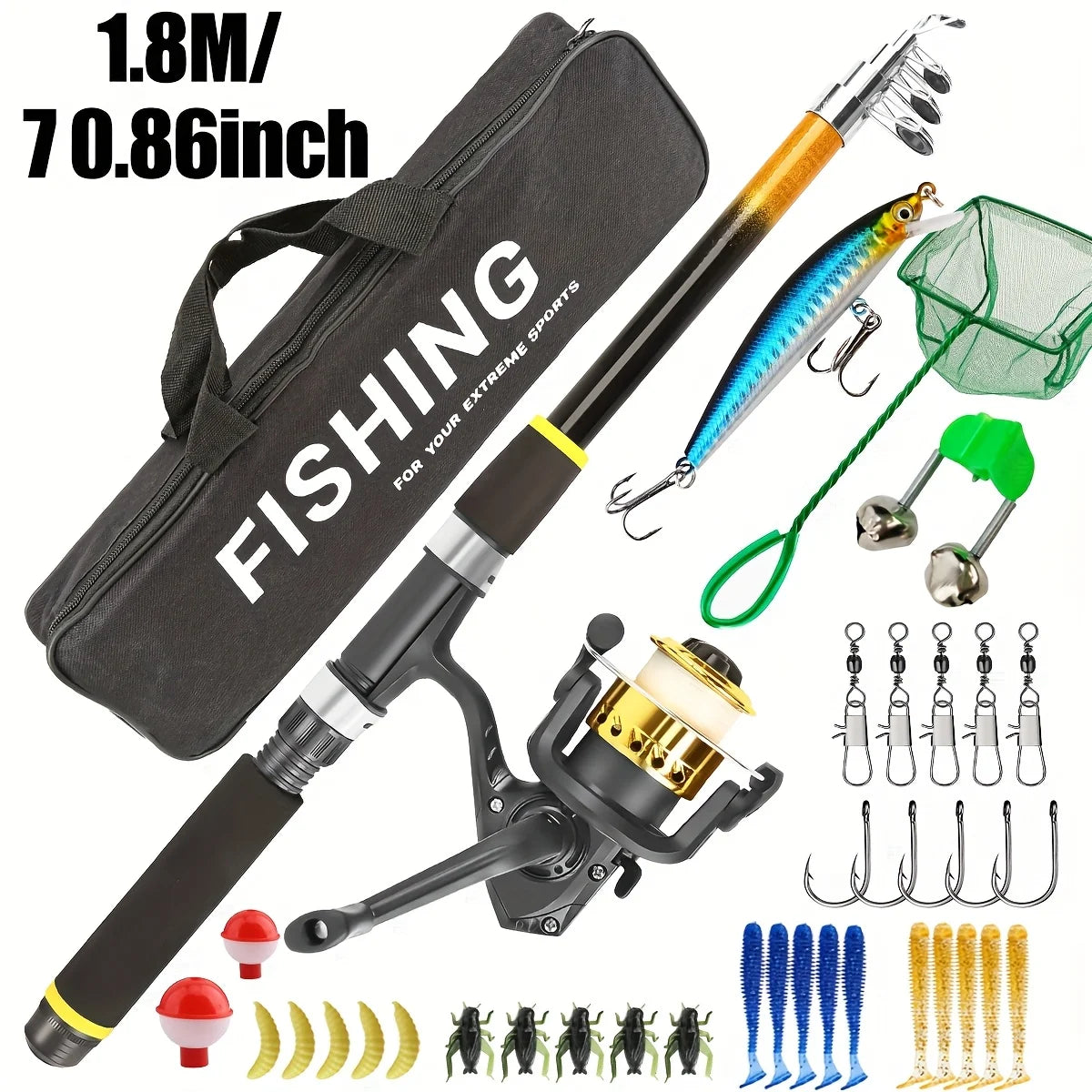 Fishing Rod Combo Kit - Spinning Reel, Hard & Soft Lures,