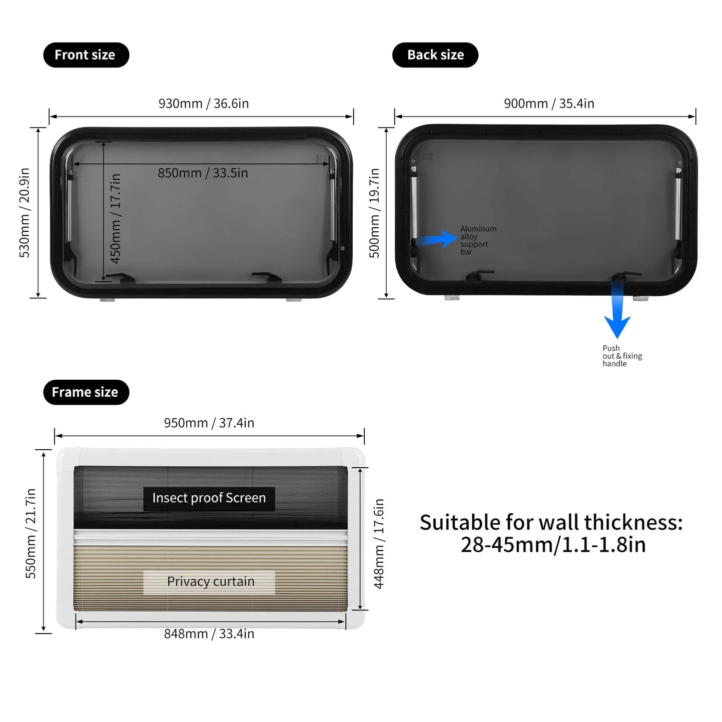 900x500mm RV Push Out Window Double Layer UV Resistant 75°