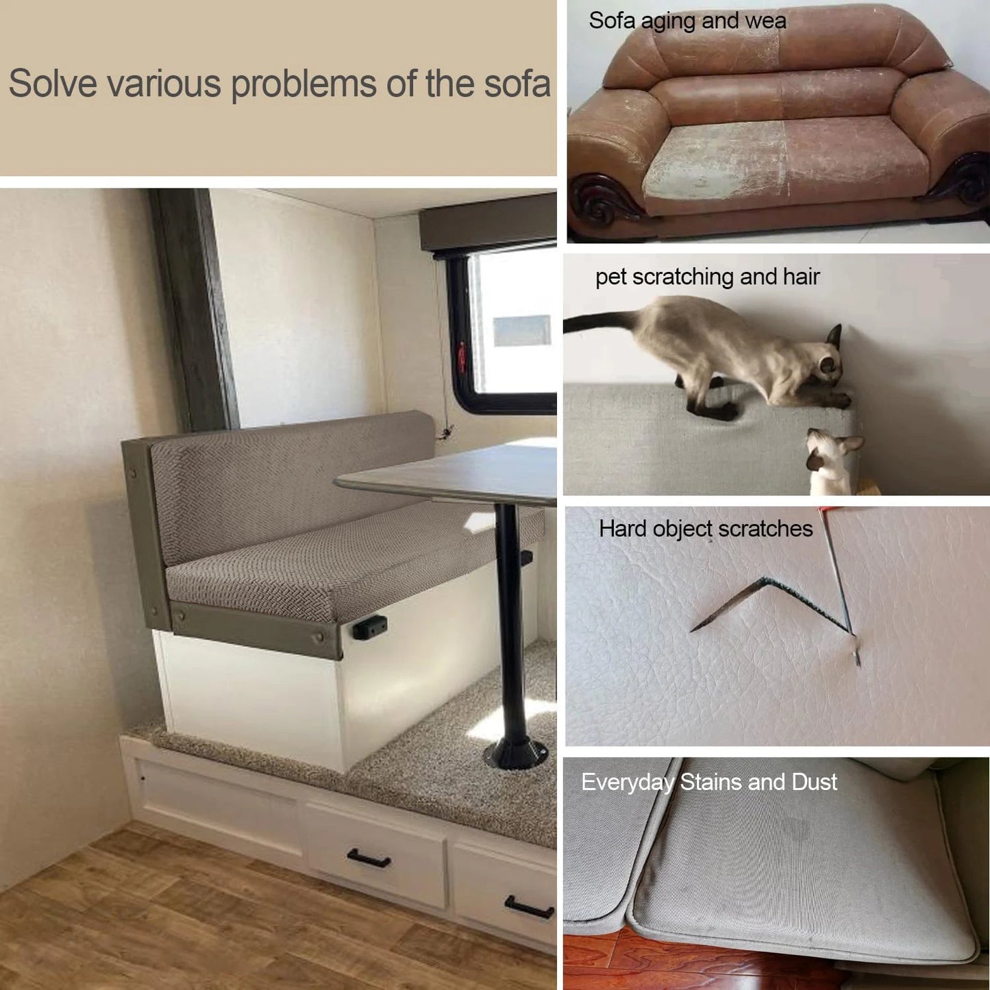 2Pcs RV Dinette Sofa Covers Solid Color Elastic Protective