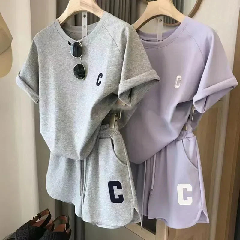 Casual Sports Suits Women Summer Short T-shirt Tops