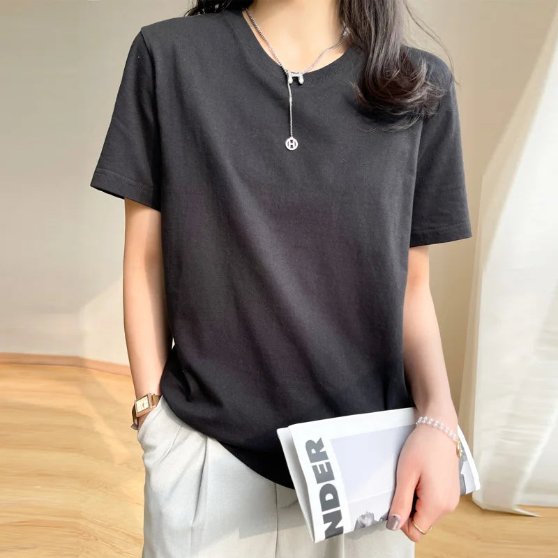Women T-shirts 2025 Tops Solid Short Sleeve Loose O-neck