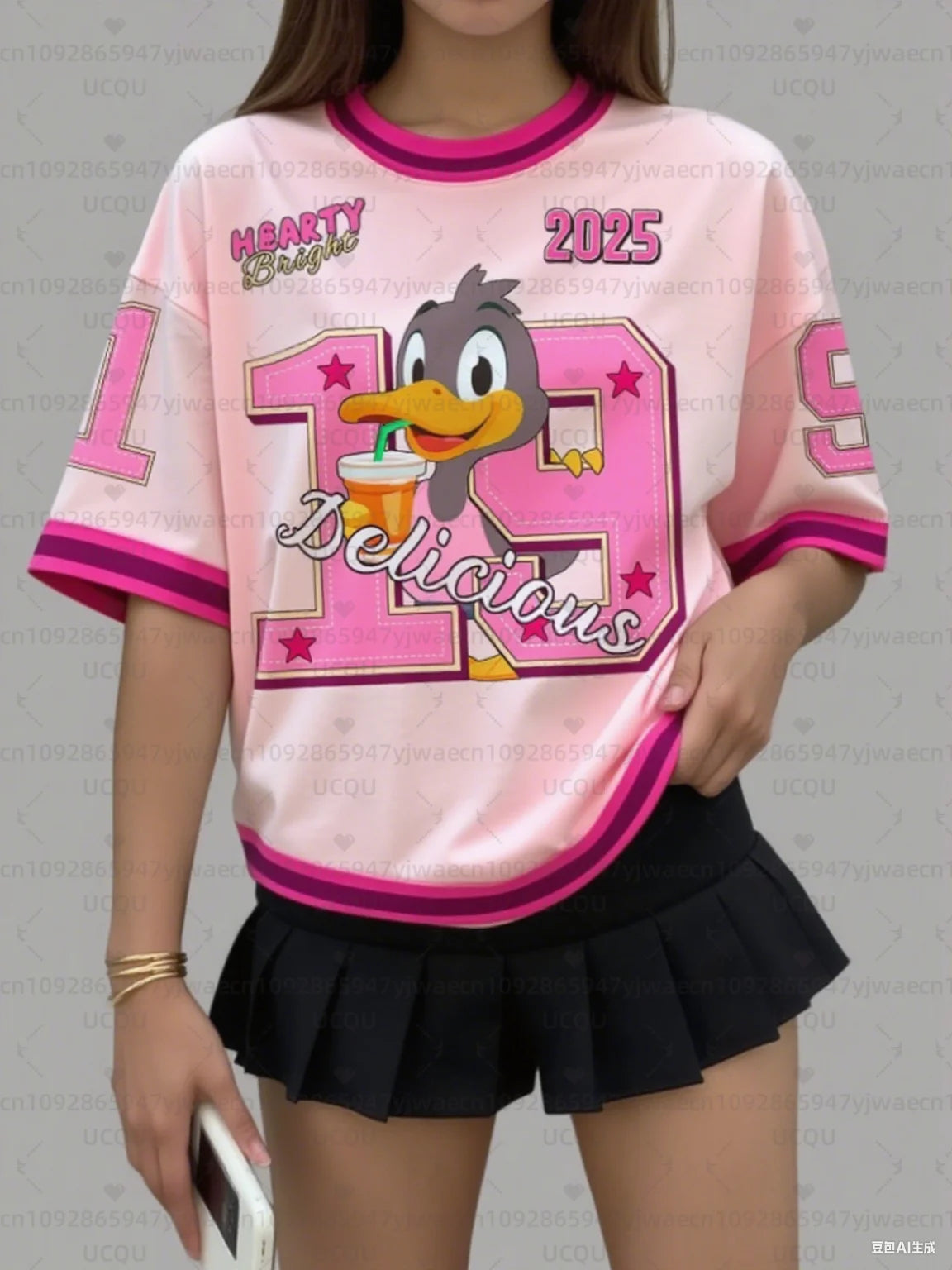 Women's Sports Jersey Cartoon Duck Print Short Sleeve T-Shirt