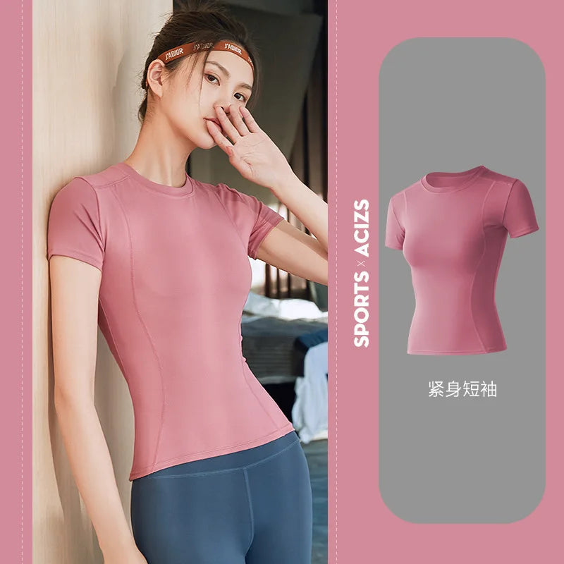 Fitness Sports T-shirt Women Solid Color V