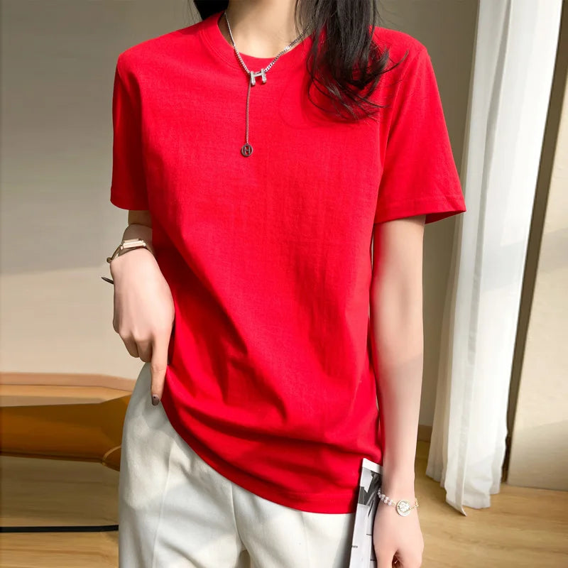 Women T-shirts 2025 Tops Solid Short Sleeve Loose O-neck