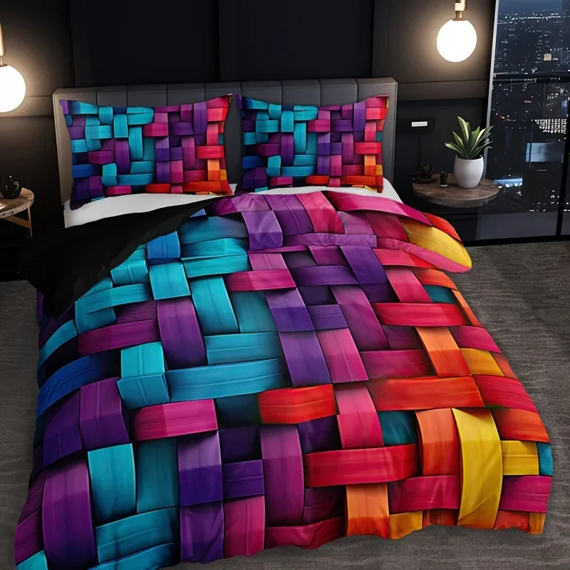 Geometric Colorful Plaid Duvet Cover Set Breathable Woven Polyester